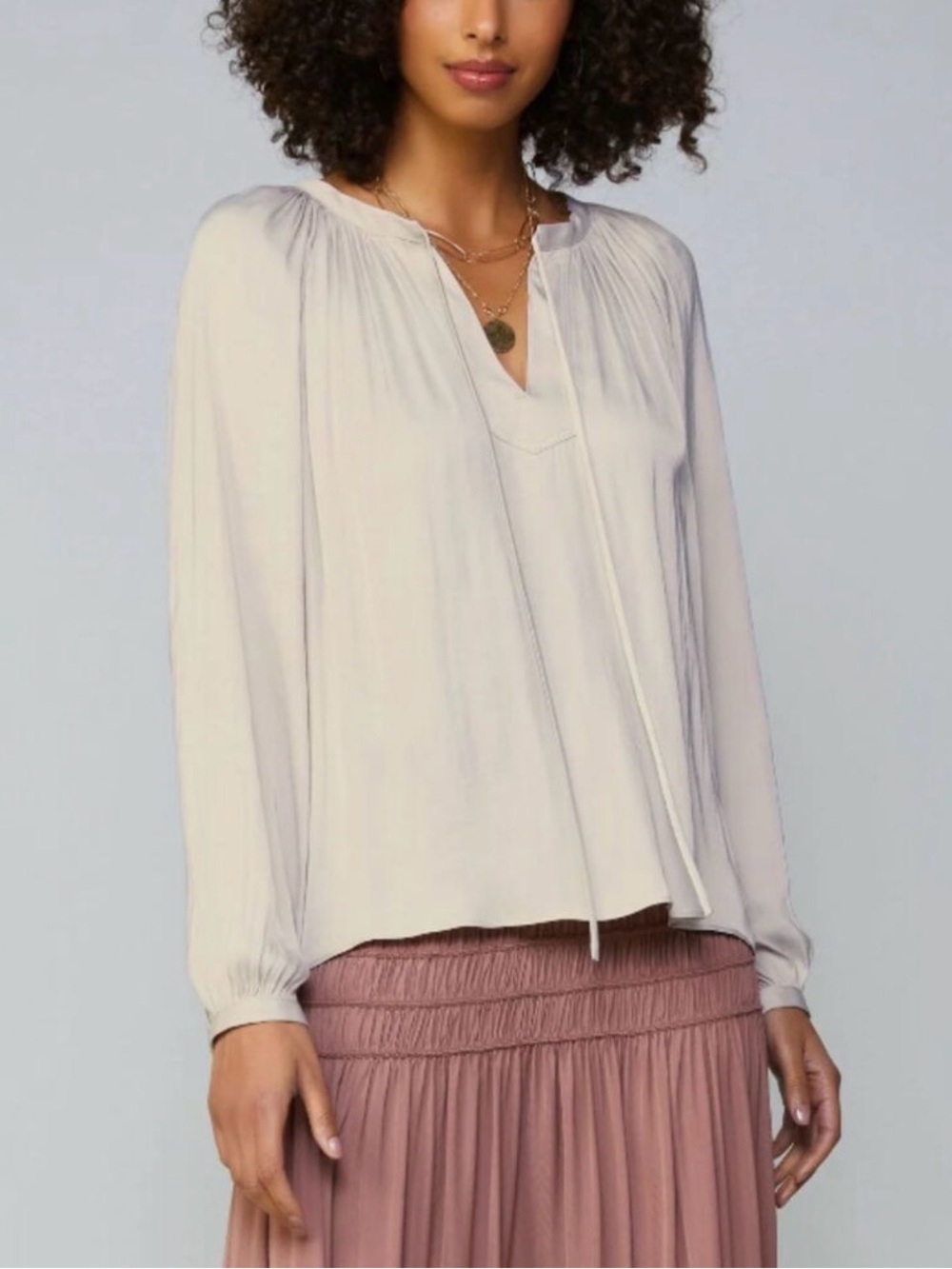 🤎 Maison d’Amélie Taupe Silky Tie Blouse – Size XS ✨